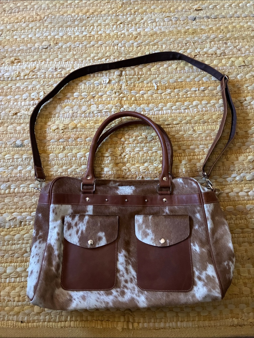 Brown and White Cowhide Leather Messenger Tote with Front Pockets